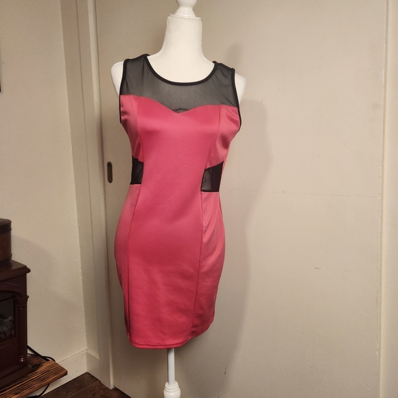 Y2k Hot Pink Black Mesh Cutout Bodycon Party Homecoming Mini Dress Large L EUC - Picture 1 of 9